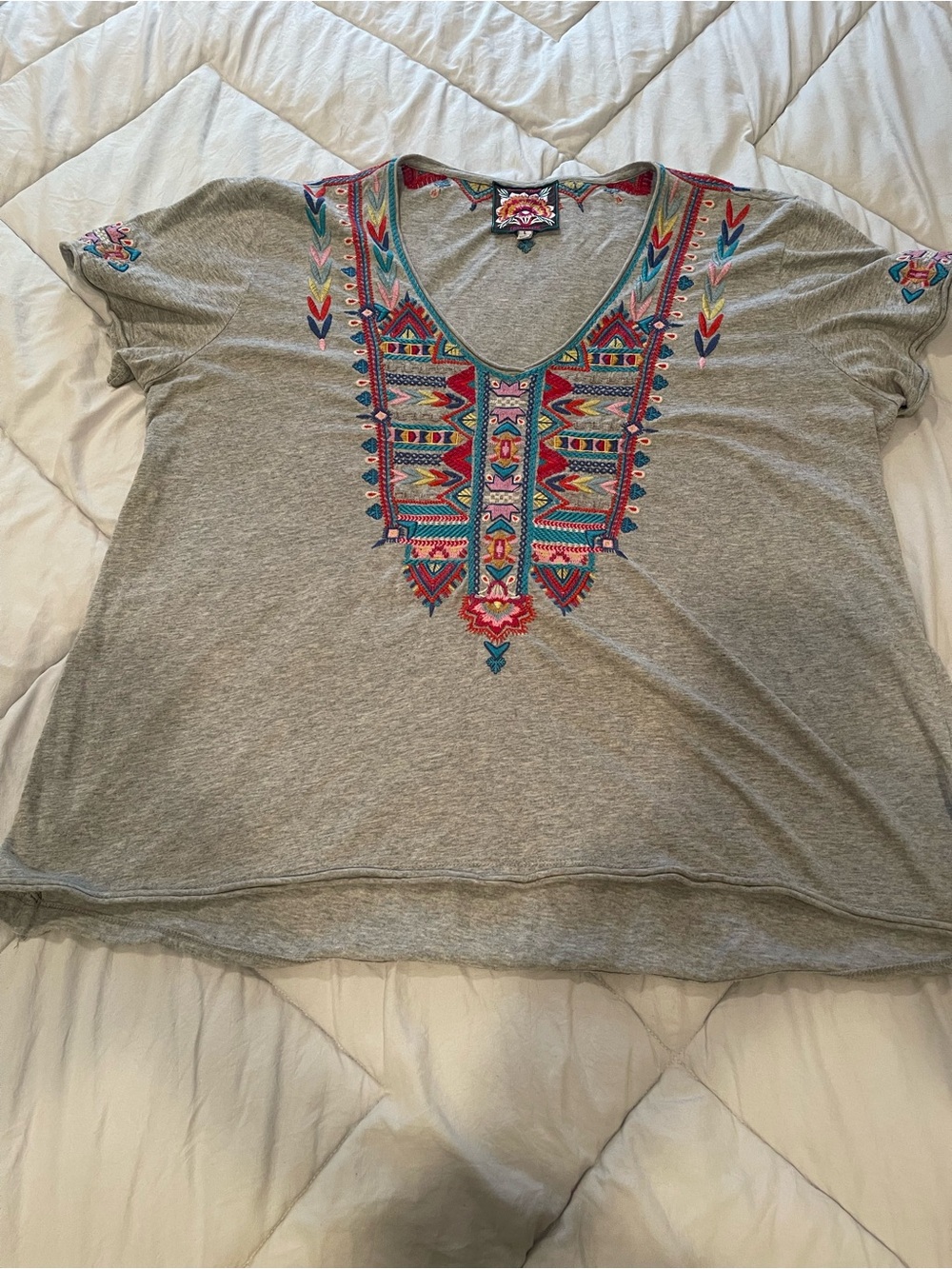 Johnny Was Gray Tee with Multicolor Embroidered Tribal V-Neck - Picture 3 of 6